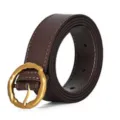 Brown leather belt with a vintage gold irregular round buckle, stylish daily accessory. - Brown / 99cm