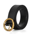 Black leather belt for women with a vintage irregular gold round buckle, stylish accessory. - Black / 99cm