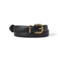 Black leather women belt with vintage gold bamboo buckle crocodile pattern stylish waist belt - 105cm / Black
