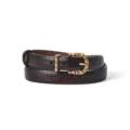 Women's brown crocodile texture genuine leather belt featuring elegant gold bamboo buckle. - 105cm / Coffee