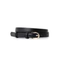 Minimalist women's black genuine leather belt with elegant gold buckle, versatile thin design. - Black