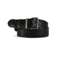 Black woven leather belt for women featuring a stylish metal buckle shown in a coiled main view. - Black