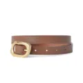 Women brown leather thin belt with stylish irregular gold metal buckle for jeans and dresses. - 100cm / Caramel color