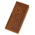 Detailed view of the embossed dragon pattern on the brown vintage genuine leather long wallet. - Style 8131 / Crazy Horse Embossed Dragon Pattern