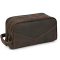 Genuine leather retro crazy horse toiletry bag detail showing double zippers and handle. - 9544 - Vintage Dark Brown