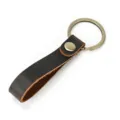 Detail view of vintage crazy horse leather keychain with durable metal ring and snap button. - Style 0055 / Dark Brown