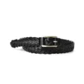 Black braided women's belt coiled on white background, thin leather belt with gold buckle - Black