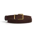 Dark brown suede leather women belt with vintage gold square buckle coiled main view display - Coffee