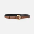 Brown leather belt with gold twisted buckle, stylish accessory for jeans, sweaters, and casual pants. - Caramel color / 105cm