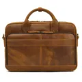 Vintage brown leather briefcase detailed shot, perfect for business commuting and office use. - S / Tan