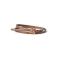 Slim brown leather belt featuring an elegant metallic rose floral buckle for women - Caramel color / 105cm