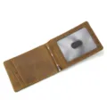 Detail view of the genuine crazy horse leather money clip wallet showing card slots and ID window. - Style 1003 / Brown