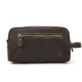 Close-up detail of vintage genuine leather toiletry bag with front zipper and side handle. - 9533 - Crazy Horse Dark Brown