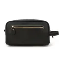 Close-up of black genuine leather toiletry bag detail, showcasing retro style and metal zipper. - 9533 - Crazy Horse Black