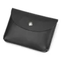 Close-up detail of black genuine leather snap coin purse and card holder for men and women. - Black Plain