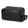 Genuine leather toiletry bag for men and women, double zipper travel wash organizer detail. - 9544 - Premium Black Leather
