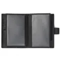Detailed view of black leather passport wallet showing card slots, transparent ID windows. - 6003 - Black Lychee Grain