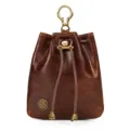 Detailed view of retro vegetable-tanned leather coin purse, featuring metal clasp and drawstring. - Oily Dark Red