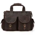 Men Vintage Crazy Horse Leather Briefcase Multi-pocket Business Laptop Shoulder Bag - Raw Edge Style / Dark Brown