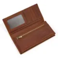 Close-up view of leather long wallet interior featuring card slots, ID window and zipper pocket. - Style 8031 / Brown