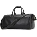 Black genuine leather travel duffel bag with shoulder strap, large capacity gym bag for men. - Glossy Black