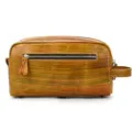 Detailed view of vintage genuine leather toiletry bag with front zipper pocket and side handle. - 9533 - Oil Leather Brown Yellow Pattern