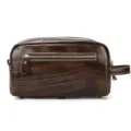 Close-up detail view of a retro dark brown leather toiletry bag featuring front zipper and side handle. - 9533 - Oil Leather Coffee Pattern