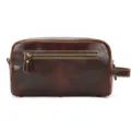 Vintage leather toiletry bag detail showing metal zipper and side handle design. - 9533 - Premium Oil Leather Coffee