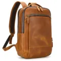 Vintage genuine leather backpack for men, premium crazy horse leather laptop bag 15 inch brown - Double Zippered Main Compartment / Tan