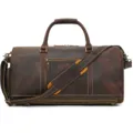 Vintage crazy horse leather duffel bag detail showcasing sturdy metal zippers and strap. - Coffee