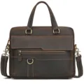 Detailed view of vintage brown leather briefcase, premium texture and bronze hardware. - 9215 / Dark Brown