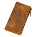 Cartera larga de hombre de cuero genuino Crazy Horse marrón, bolso de mano retro con cremallera - 0009-Cuero Crazy Horse marrón amarillento