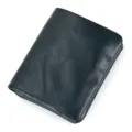 Detailed view of the dark genuine leather wallet texture, showing fine stitching details. - Blue