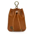 Vintage genuine leather coin pouch with drawstring closure and metal clasp hook detail. - Oil Leather Brown