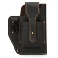Vintage genuine leather phone holster detail, belt pouch with metal clip and snap button. - Dark Brown