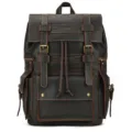 Vintage crazy horse leather backpack for men, large capacity travel laptop bag with multiple pockets. - Black