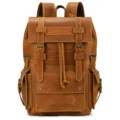 Vintage brown crazy horse leather backpack detail, multi-pocket design, large capacity 16 inch. - Tan