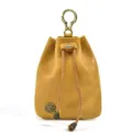 Vintage handmade vegetable-tanned leather mini coin pouch with drawstring and metal hook. - Tan