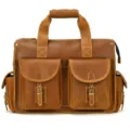 Men vintage genuine leather briefcase multi pocket laptop shoulder business messenger bag - Raw Edge Style / Tan
