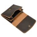 Detailed view of brown genuine leather coin purse with snap button and vintage crazy horse style. - 0104-Dark Brown