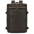 Detailed view of vintage leather backpack with front zipper pocket and brass hardware. - 8023-Dark Brown Leather with Mesh Back