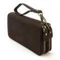 Monedero largo de cuero vintage para hombre, bolso de mano con doble cremallera y asa. - 1008 - Marrón oscuro