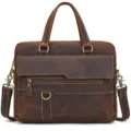 Close-up detail view of genuine crazy horse leather briefcase showing metal hardware and texture. - 9215 / Red Brown