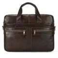 Men's leather business briefcase detail view, dark brown cowhide laptop bag with front pockets. - 3316 / Coffee