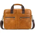 Detailed view of brown leather business briefcase with dual front zipper pockets and durable handles. - 3316 / Tan
