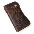 Men's genuine leather long wallet with embossed dragon pattern, card slots and snap. - 1010 - Dragon Embossed Brown