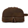 Vintage genuine leather toiletry bag for men, double zipper crazy horse leather cosmetic clutch. - Coffee