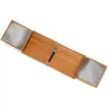 Brown genuine leather trifold wallet featuring multiple card slots and clear ID windows. - Brown