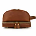 Vintage Genuine Leather Toiletry Bag Men Crazy Horse Double Layer Cosmetic Pouch Clutch - Laser Engraving / Retro Brown