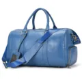 Men's blue genuine leather travel duffle bag with shoe compartment and shoulder strap. - 9422-Blue
